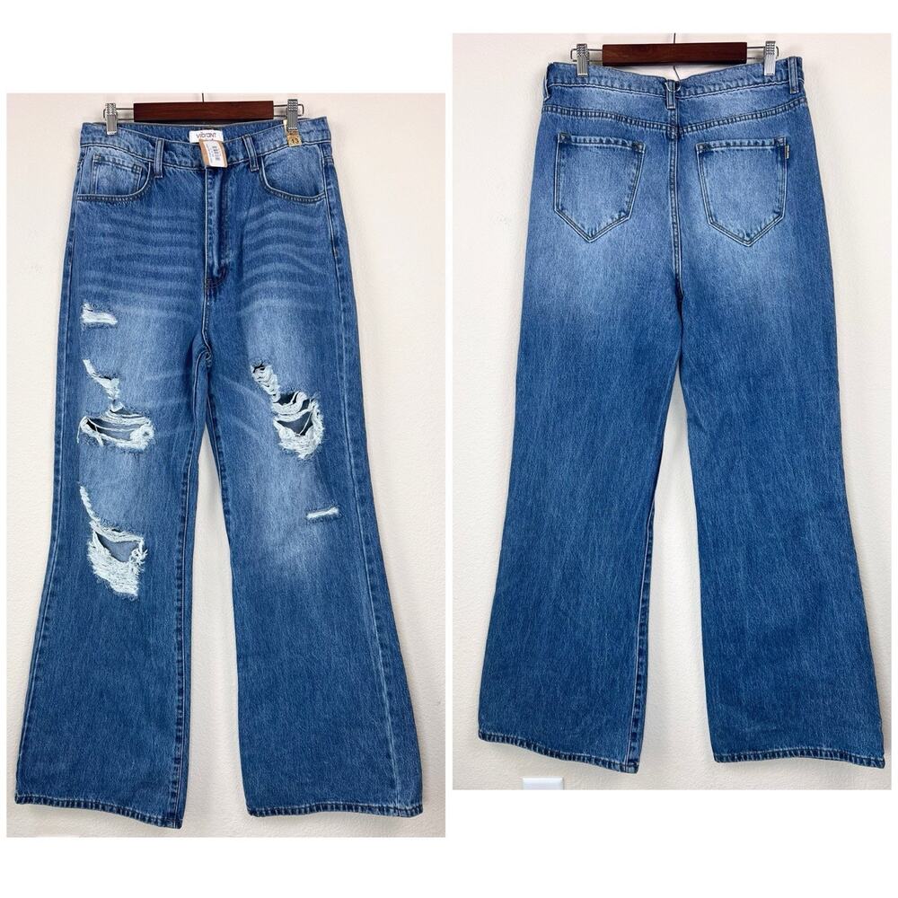 Vibrant MiU Women’s High Rise Wide Leg Distressed Jeans Size 13 W30 Light Wash - Picture 7 of 9